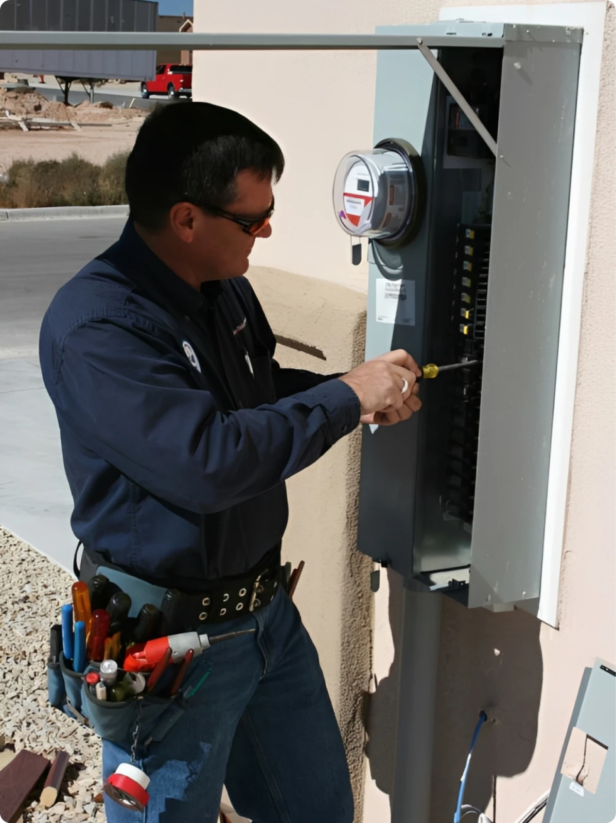 Electrician fixing outdoor electrical panel