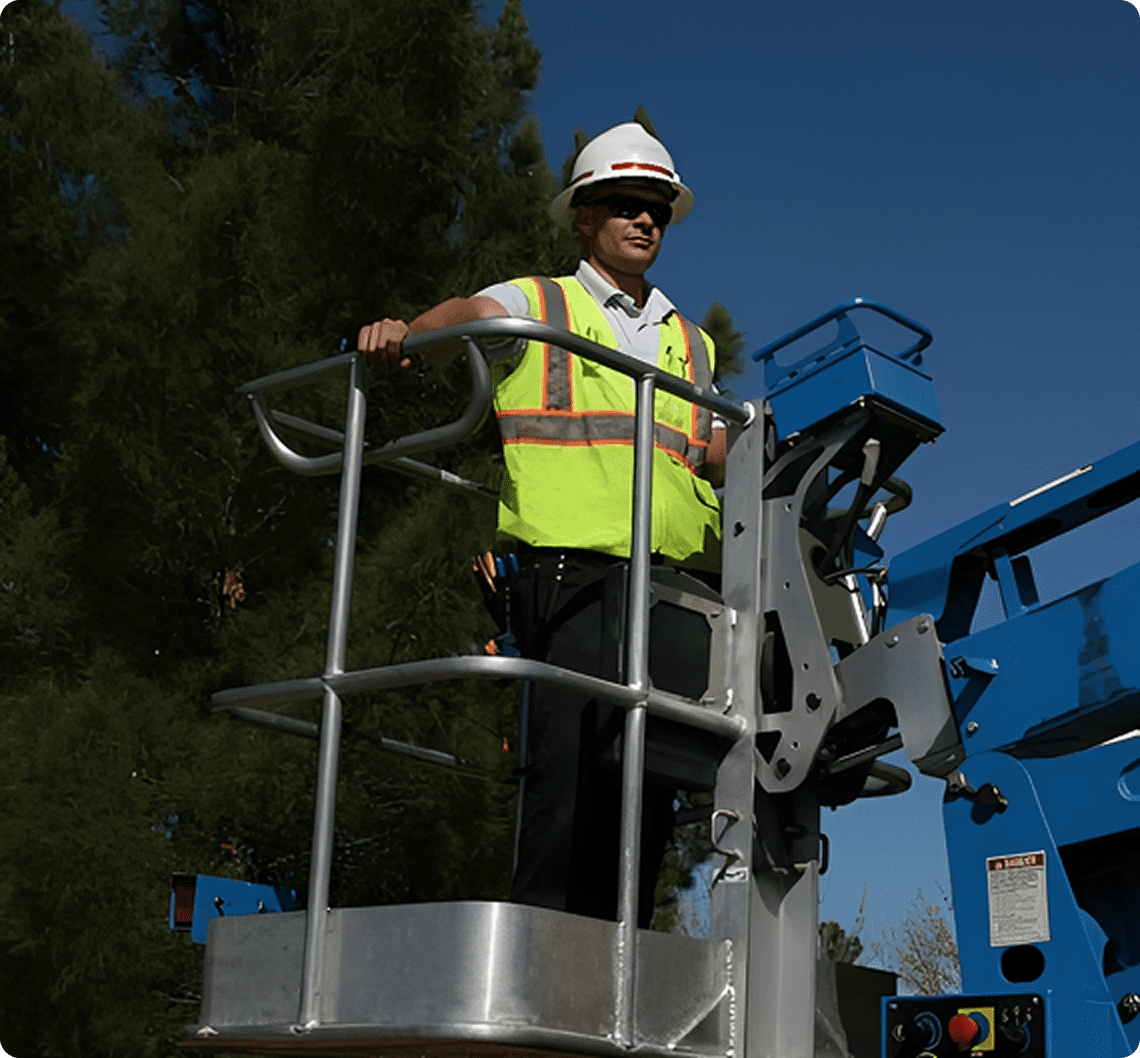 Man in high visibility vest on lift